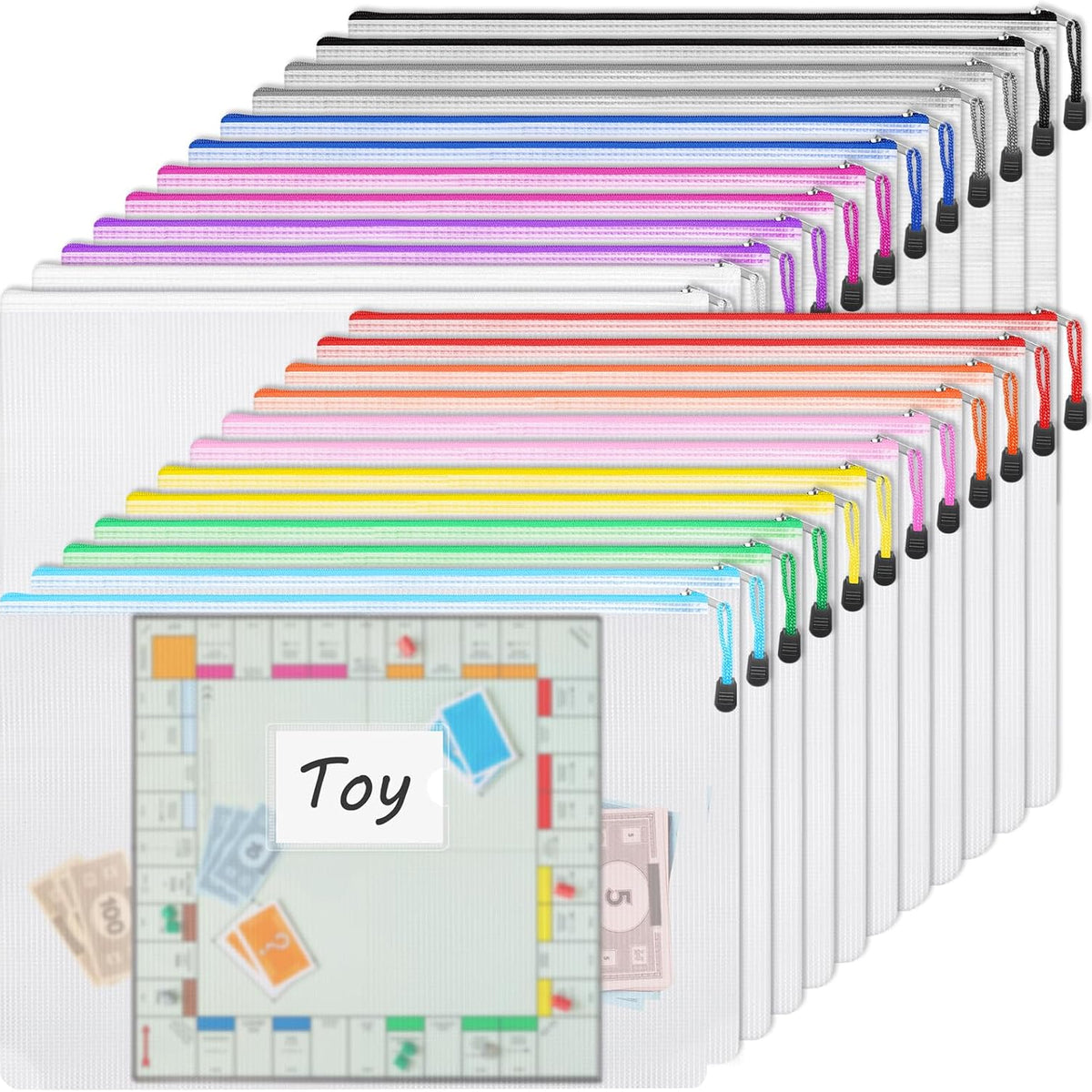 24pcs Mesh Zipper Pouch Bags A3 Extra Large Document Bag with Label Pocket, 16.9x12 Inches, Plastic Zip File Folders, Puzzles, Board Game Storage for Organizing Office Home