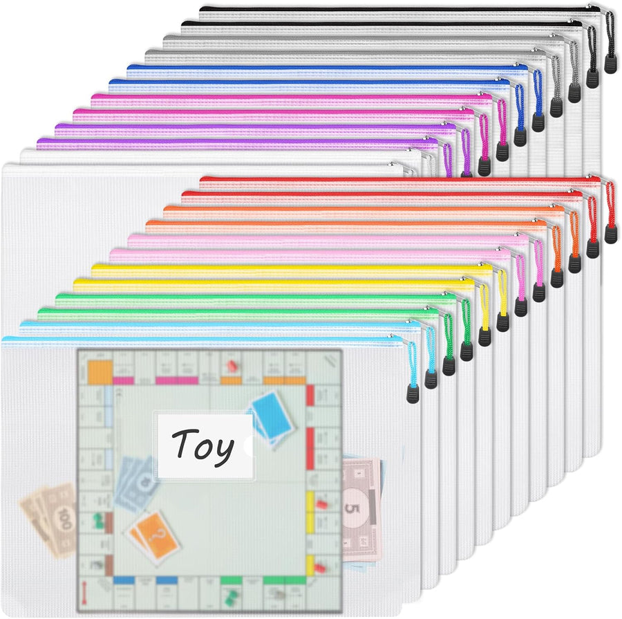 24pcs Mesh Zipper Pouch Bags A3 Extra Large Document Bag with Label Pocket, 16.9x12 Inches, Plastic Zip File Folders, Puzzles, Board Game Storage for Organizing Office Home