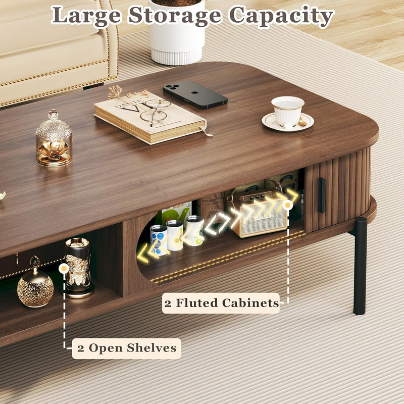 Coffee Table, 47.2" Mid Century Modern Coffee Tables for Living Room, Coffee Table with Storage Open Shelf, Fluted Table with Sliding Cabinet Door, 2-Tier Rustic Wood Desktop, Walnut
