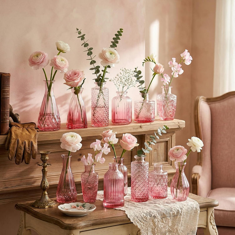 12 Pack Pink Glass Bud Vase Set, Small Vintage Vases for Centerpieces, Decorative Flower Vases for Wedding Home Table Decor