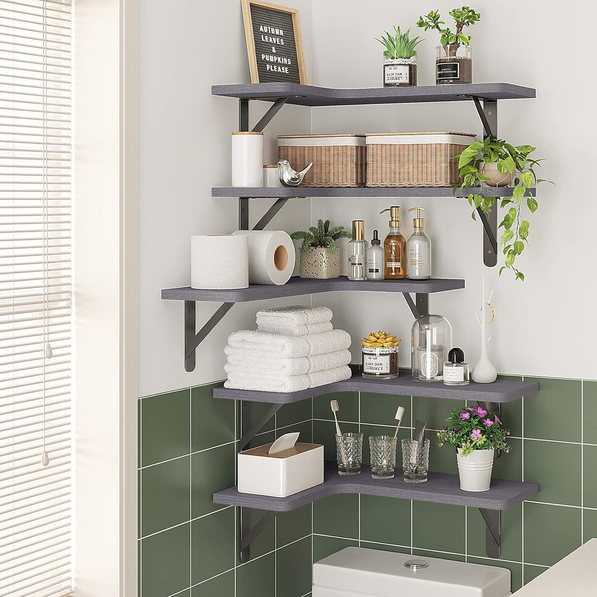 Fixwal Corner Floating Shelves Set of 5, Rustic Wood Wall Mounted Corner Shelf for Bathroom, Kitchen, Bedroom, Home Decor, Laundry Room, Living Room(Gray)