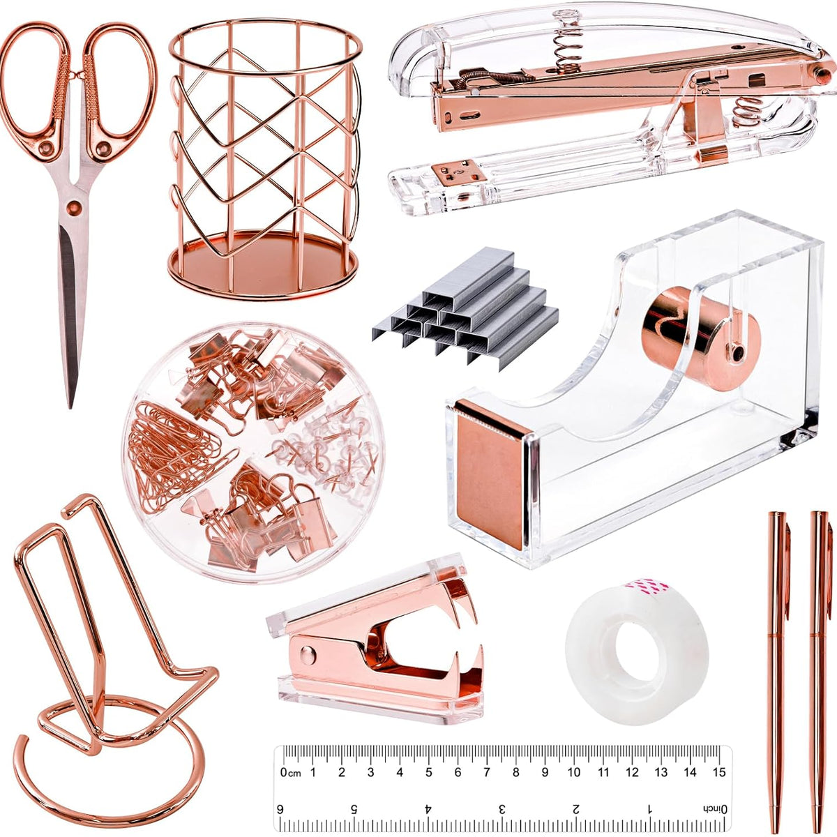 Rose Gold Desk Accessories, Office Supplies and Accessories Set, Acrylic Stapler Set, Staple Remover, Phone Holder, Pen Holder, Scissor, Ruler, Transparent Tape