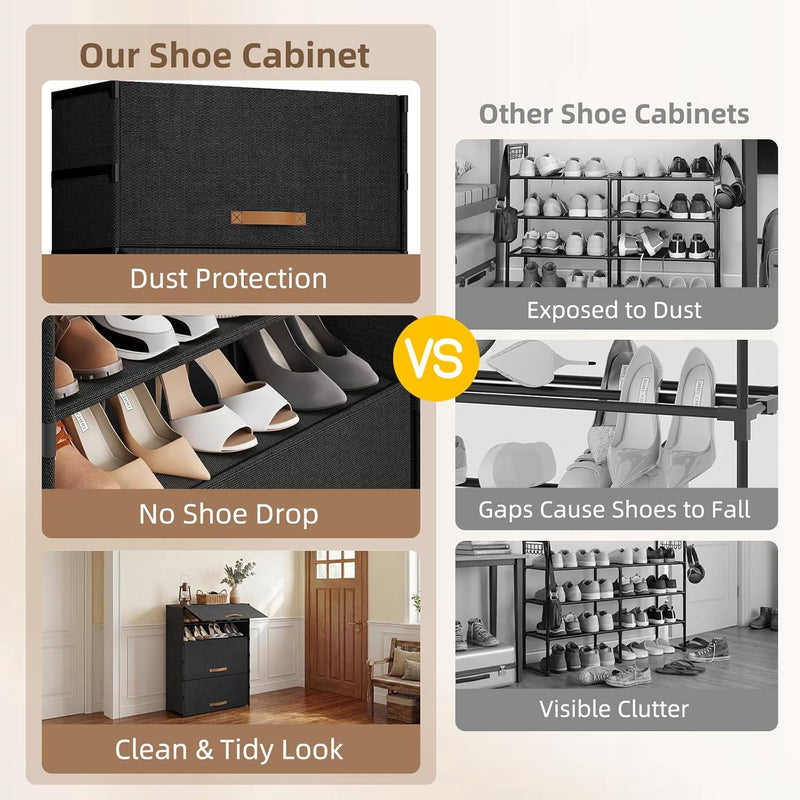 Shoe Storage Cabinet with Door, 7 Tier Shoe Rack, 3-4 Pair Per Tier, Shoe Shelves Organizer for Closet, Entryway, Hallway, Storage Cabinet for Home Decor, Black