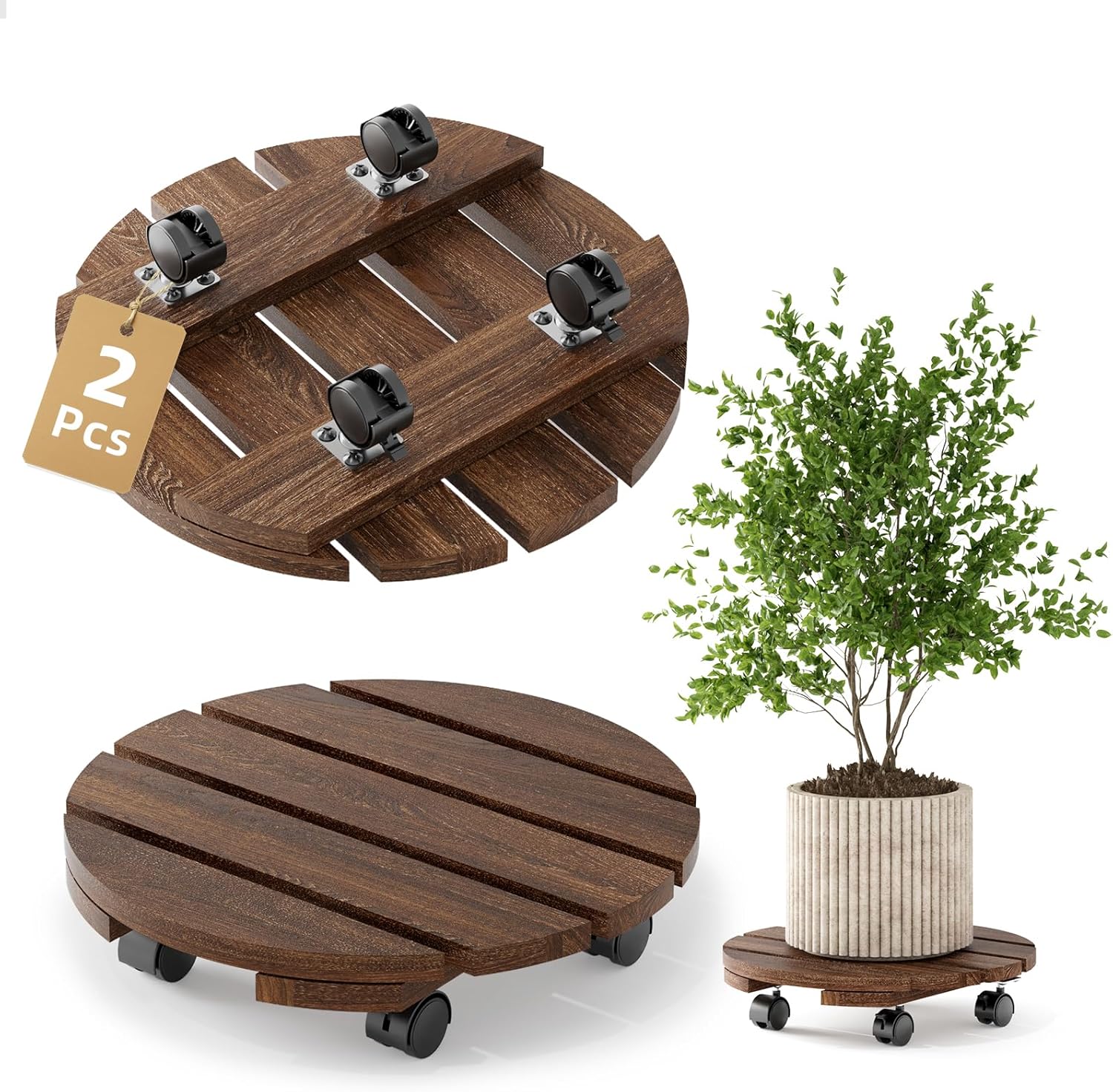 12in Plant Caddy, Wood Plant Stand with Wheels, Plant Rolling Tray for Indoor Outdoor, Flower Cart with 360° Lockable Wheels for Large Planter(2 Pack)