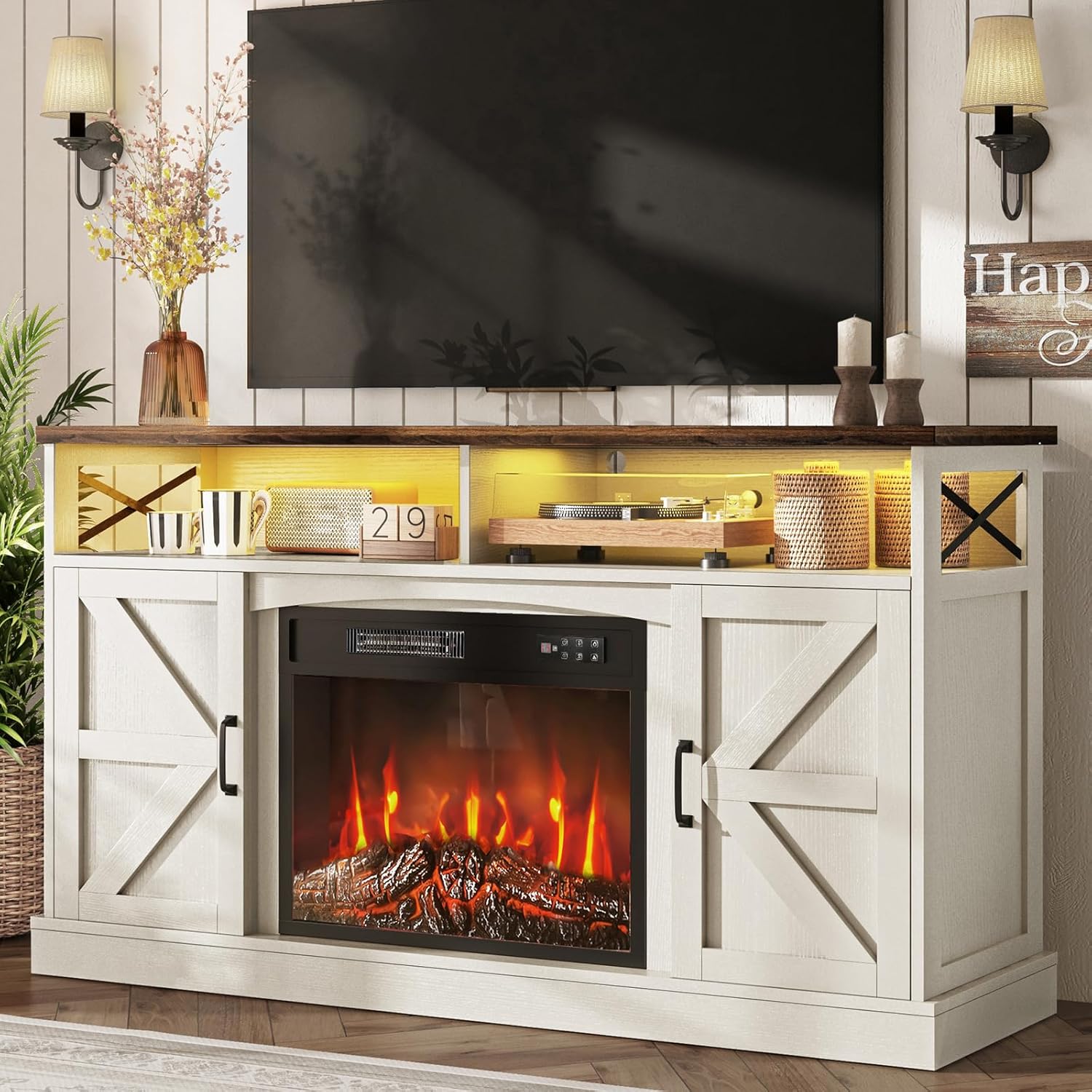 TV Stand with Fireplace, 59in Entertainment Center with LED Lights, for 65 inch TVs, with Opening Shelves and Storage Cabinets, for Living Room, White