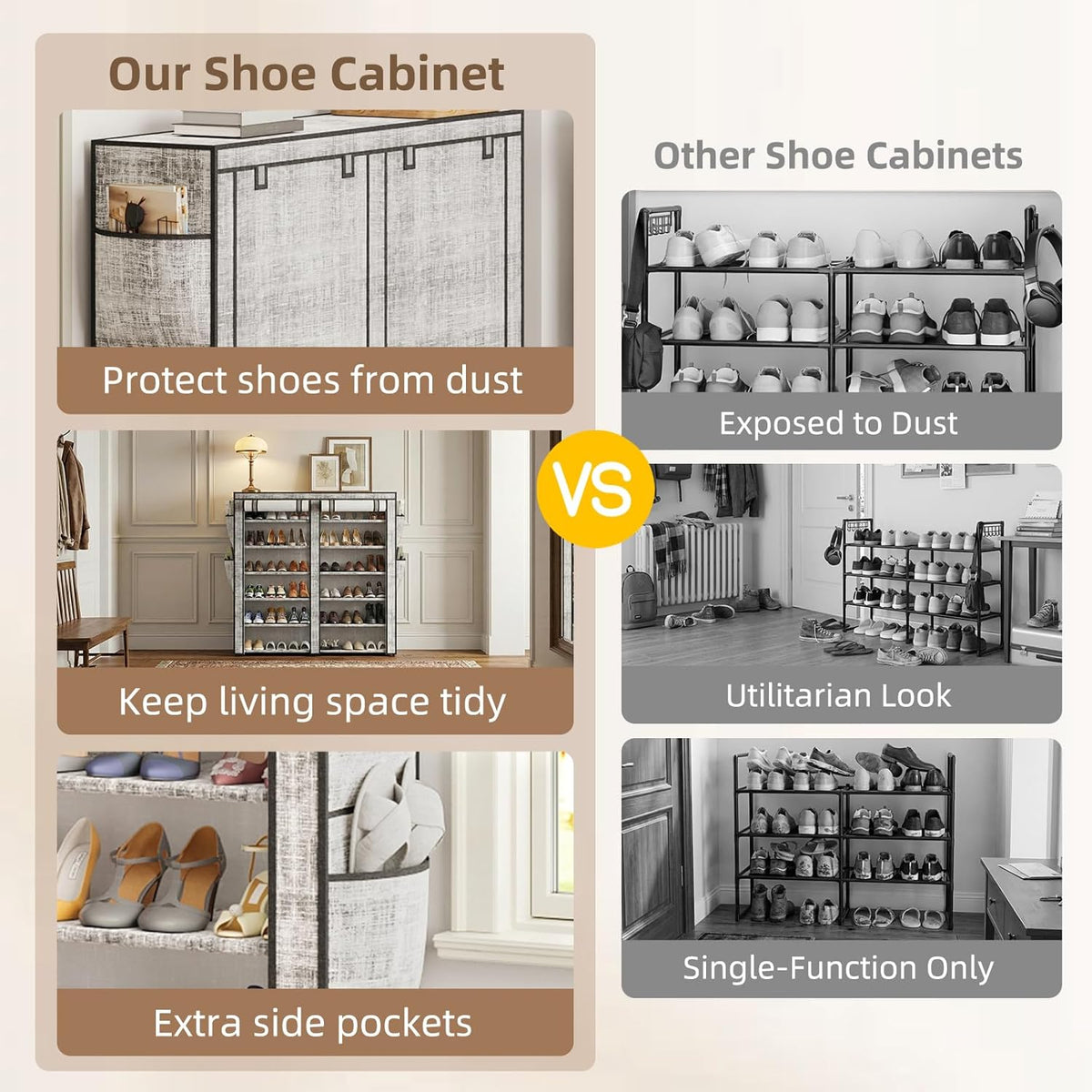 Shoe Rack with Cover, Shoe Rack with 4 Side Pockets, 6 Tier Shoe Organizer Holds 30-40 Pairs Shoes and Boots, Shoe Storage for Closet, Entryway and Hallway, Storage Cabinet for Home, Gray