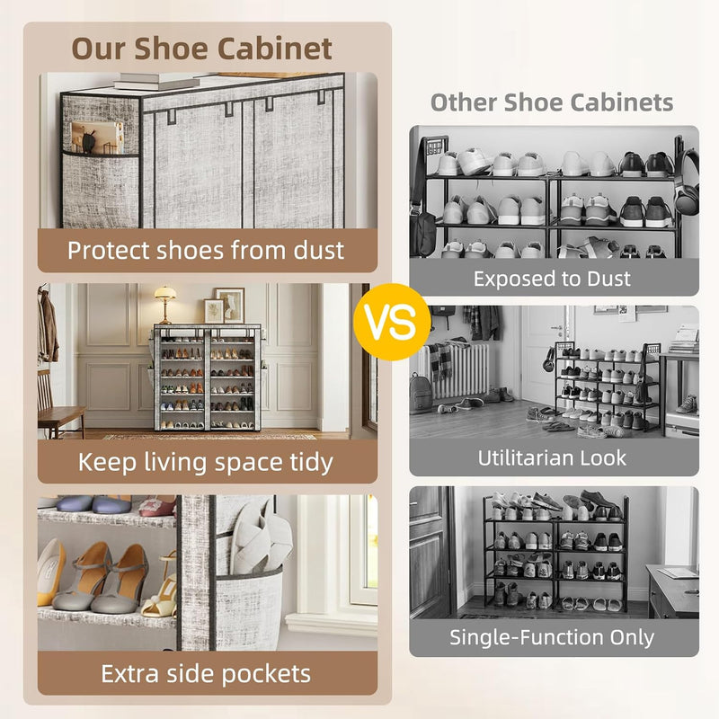 Shoe Rack with Cover, Shoe Rack with 4 Side Pockets, 6 Tier Shoe Organizer Holds 30-40 Pairs Shoes and Boots, Shoe Storage for Closet, Entryway and Hallway, Storage Cabinet for Home, Gray