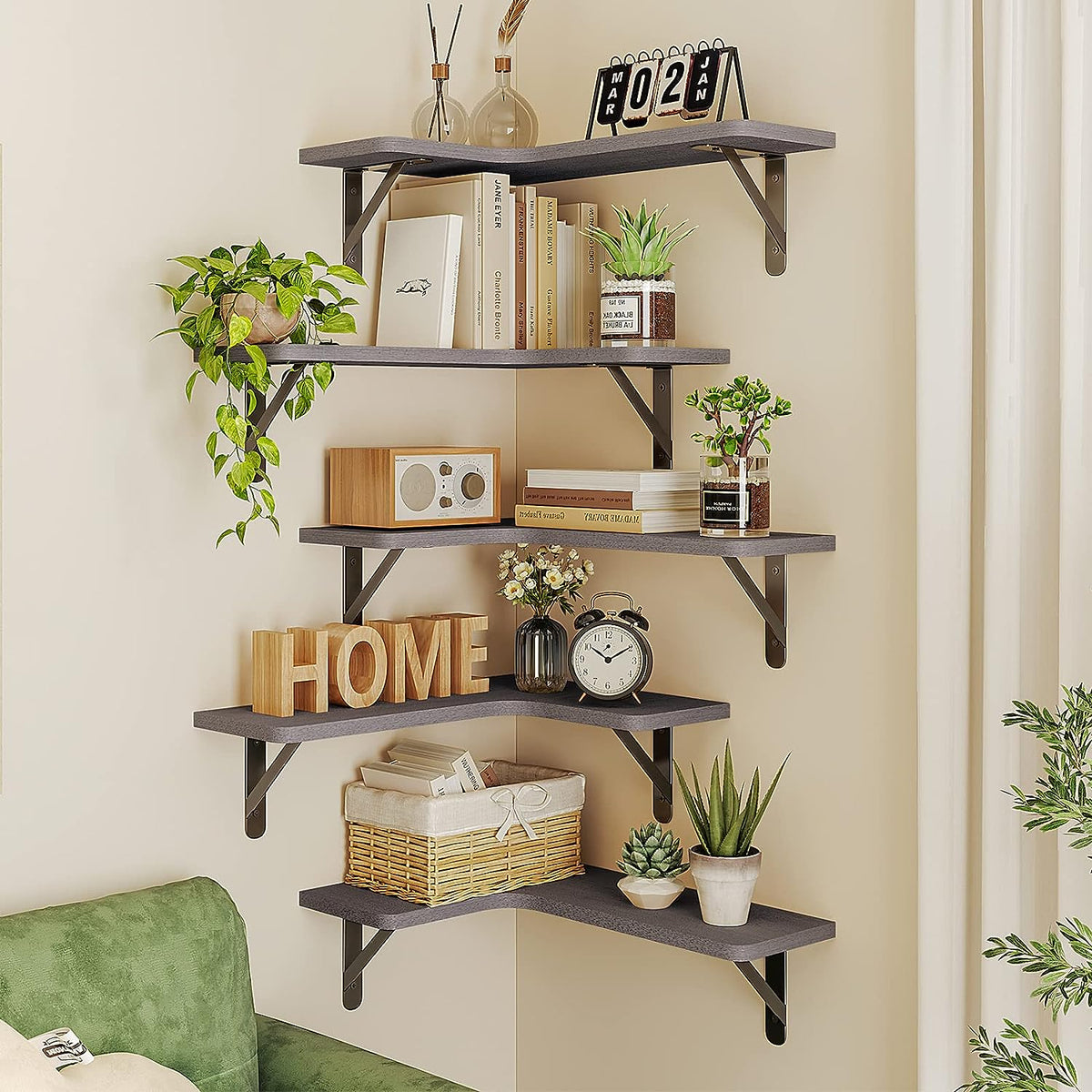 Fixwal Corner Floating Shelves Set of 5, Rustic Wood Wall Mounted Corner Shelf for Bathroom, Kitchen, Bedroom, Home Decor, Laundry Room, Living Room(Gray)