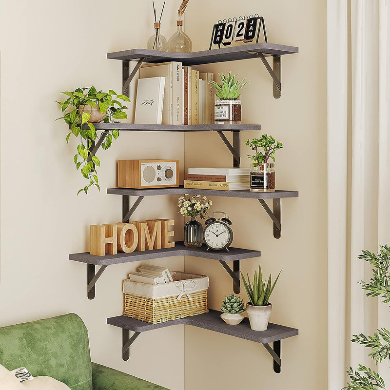 Fixwal Corner Floating Shelves Set of 5, Rustic Wood Wall Mounted Corner Shelf for Bathroom, Kitchen, Bedroom, Home Decor, Laundry Room, Living Room(Gray)