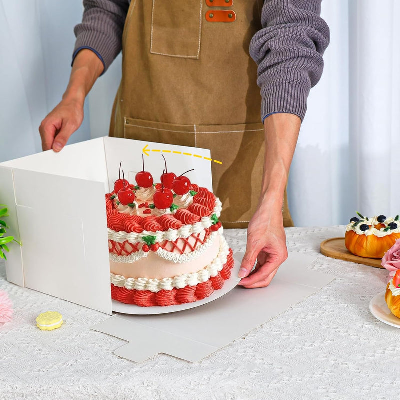 Moretoes 10 Sets Cake Boxes with Boards, 10x10x8 Inches Tall Bakery Boxes with Cake Boards with Window, Cajas Pasteles for Valentine's Day, Mother's Day, Pastries, Chocolates, Cookies, Pie