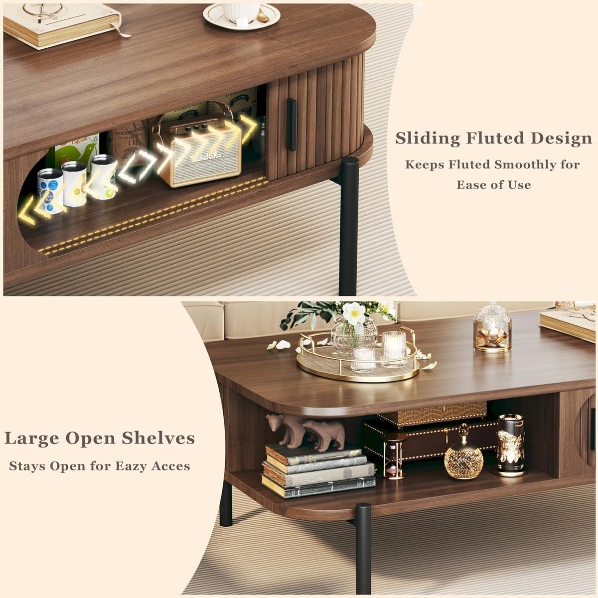 Coffee Table, 47.2" Mid Century Modern Coffee Tables for Living Room, Coffee Table with Storage Open Shelf, Fluted Table with Sliding Cabinet Door, 2-Tier Rustic Wood Desktop, Walnut