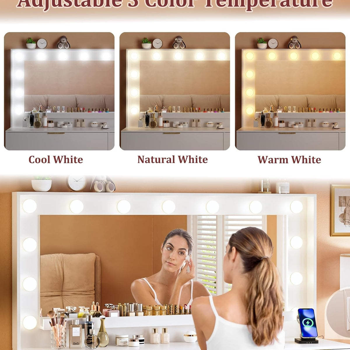 Vanity Desk with Large Mirror and Lights, 45.3in Makeup Vanity with Power Outlet 9 Drawers & Storage, 3 Lighting Color Adjustable, White Vanity Desk for Bedroom