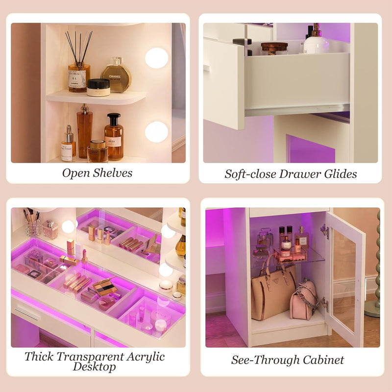Vanity Desk with Mirror and Lights, Makeup Vanity Desk with Lights 3 Colors, Transparent Top Vanity with 2 RGB Drawers, 6 Shelves, Large Tempered Cabinet, Power Outlet, for Bedroom, White