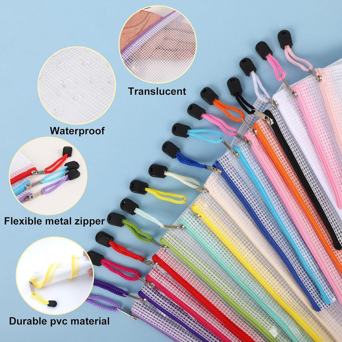 64pcs Mesh Zipper Pouch Bags, 8 Sizes Plastic Bags, 15 Colors Waterproof Pouches with Slide Fastener for Organization, Multipurpose for Travel, School Supplies, Office and Home Organization