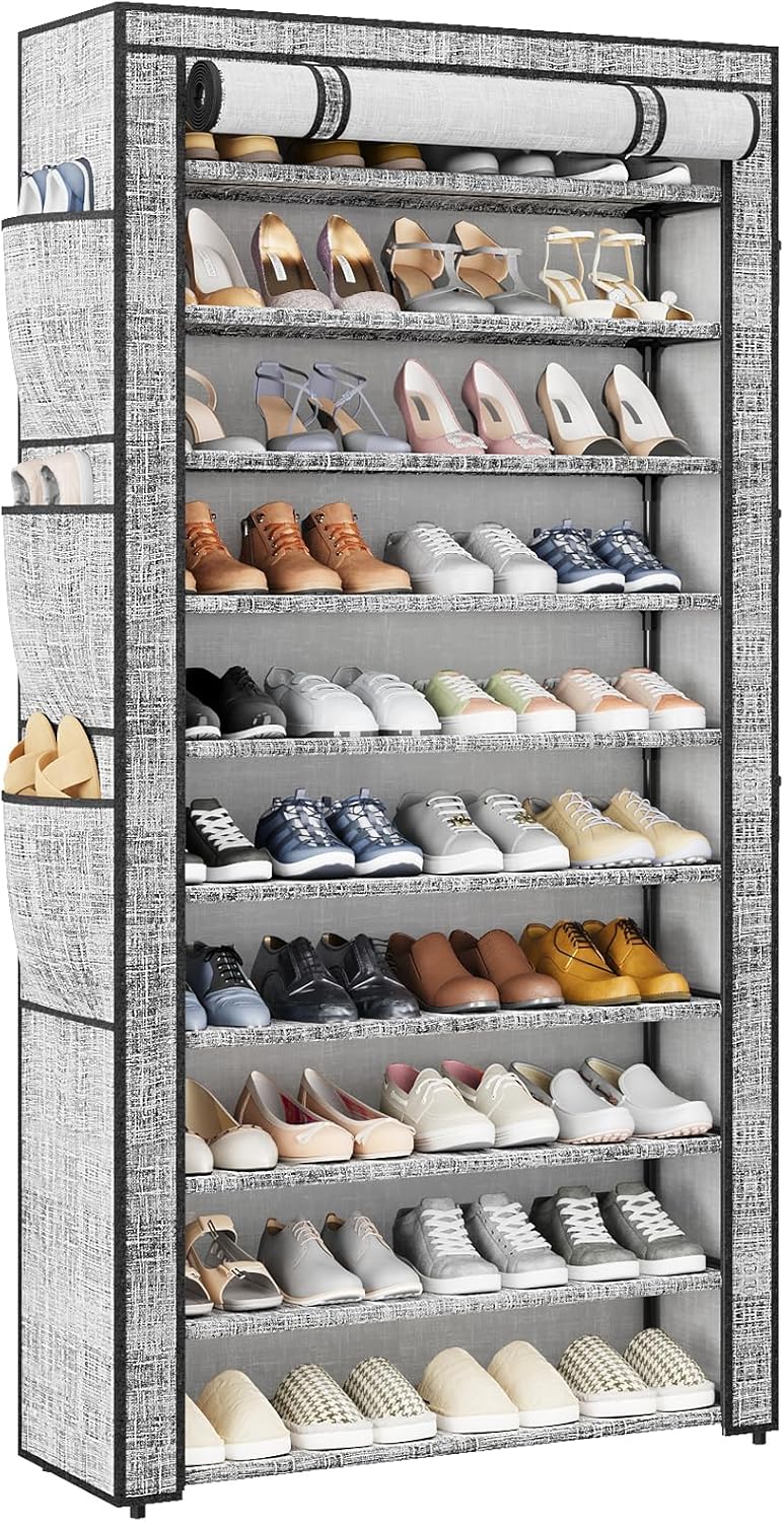 Shoe Rack with Cover, Large Capacity Shoe Organizer Storage 45 Pairs, 10 Tier Tall Shoe Shelf with 6 Side Pockets, Space Saving Shoe Storage for Closet, Entryway Hallway, Gray