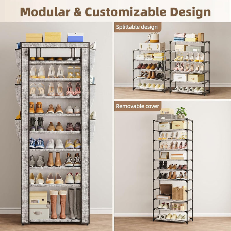 Shoe Rack with Cover, Narrow Shoe Rack with 6 Side Pockets, 10 Tier Tall Shoe Organizer Holds 16-22 Pairs Shoes and Boots, Shoe Storage for Closet, Entryway and Hallway, Gray