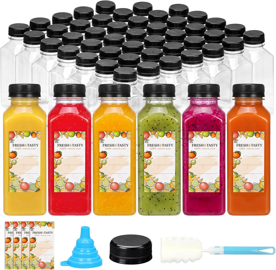 80pcs Juice Bottles, 12oz Reusable Plastic Juice Bottles with Caps and Labels, Funnel, Brush Beverage Containers for Juicing, Smoothies, Tea, Milk