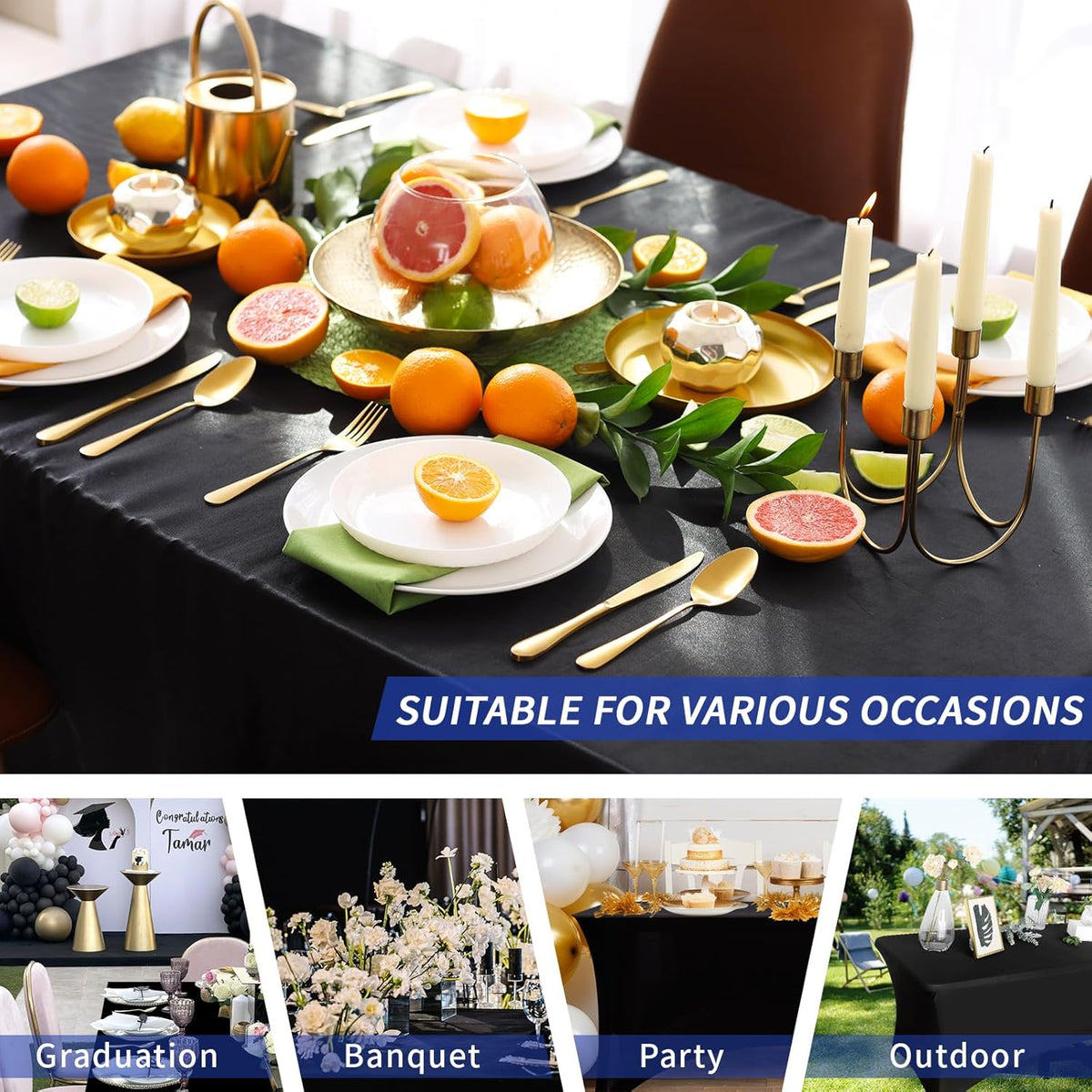 Fixwal 3 Pack Black Table Cloth for 6FT Rectangle Tables, Rectangular Tablecloths Stretch Spandex Fitted Table Covers 6FT for Party, Trade Show, Banquet, Wedding, Buffet, Graduation Decoration