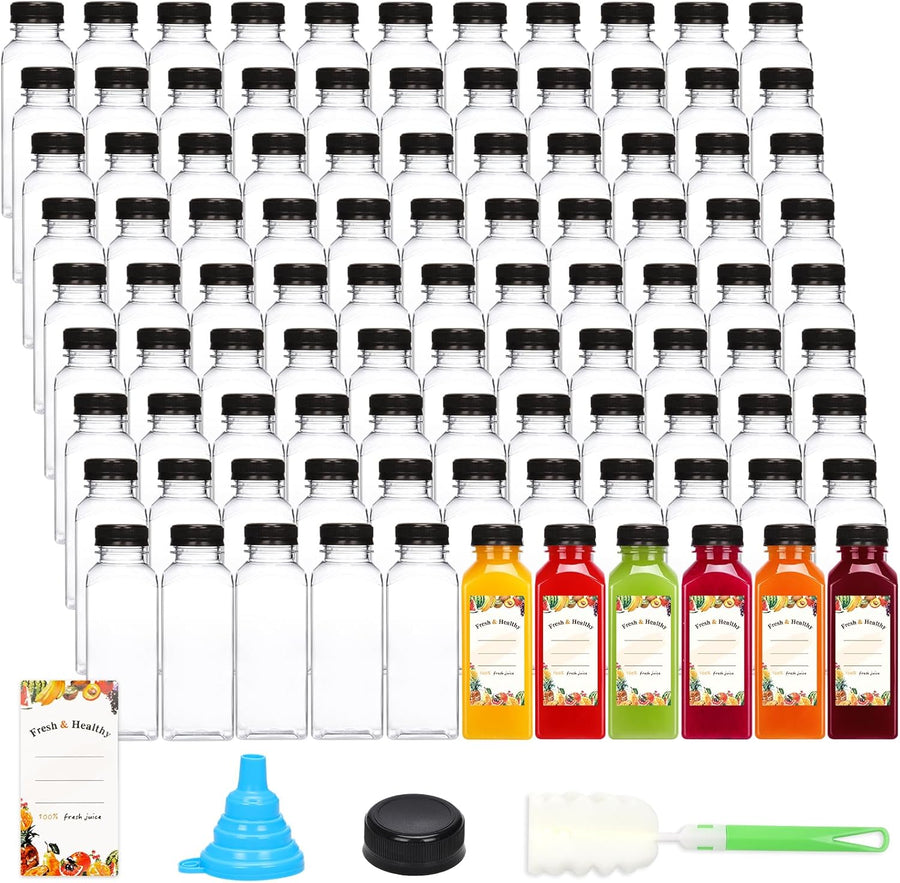 160pcs 12oz Plastic Juice Bottles with Caps, Clear Empty Reusable Bottles with Brush Funnel and Labels for Juicing, Smoothies and Other Beverages