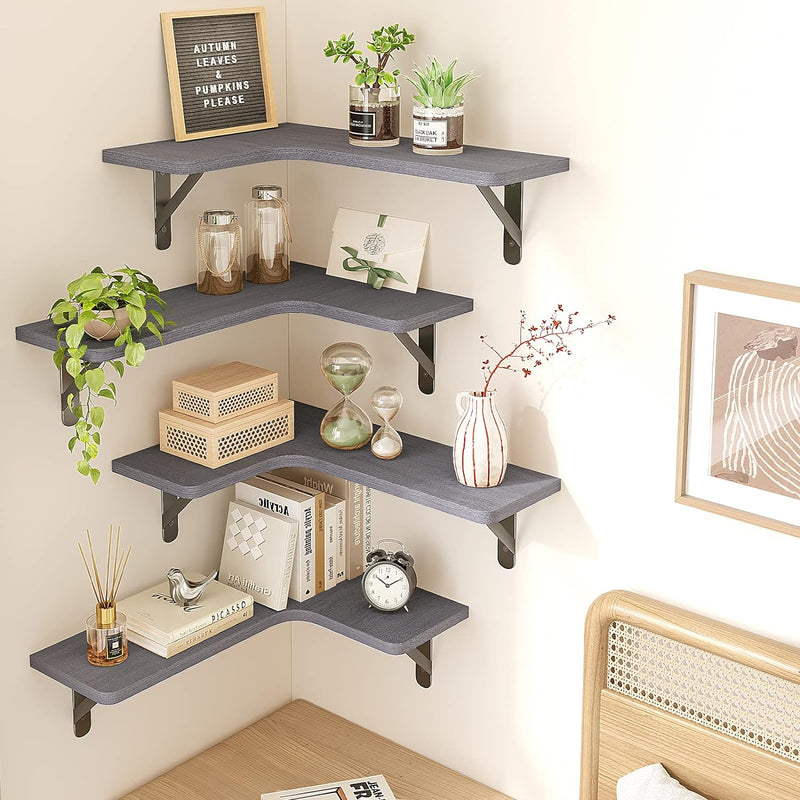 Fixwal Corner Floating Shelves Set of 5, Rustic Wood Wall Mounted Corner Shelf for Bathroom, Kitchen, Bedroom, Home Decor, Laundry Room, Living Room(Gray)