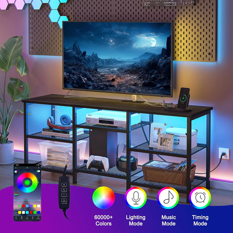 Entertainment Center for TVs Up to 50 Inch, Entertainment Stand with Power Outlet and LED Lights Open Storage Shelves, TV Console Table for Living Room and Bedroom, Black