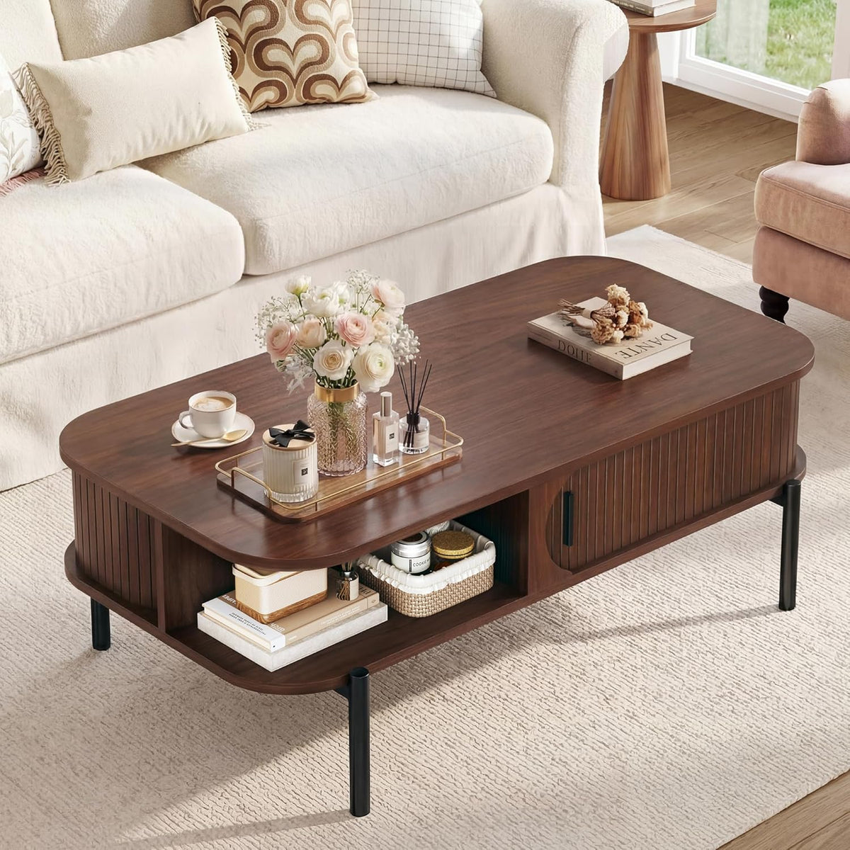 Coffee Table, 39.4" Fluted Coffee Table for Living Room, Mid Century Modern Table with Sliding Cabinet Door 2-Tier Rustic Wood Desktop with Storage Open Shelf, Walnut
