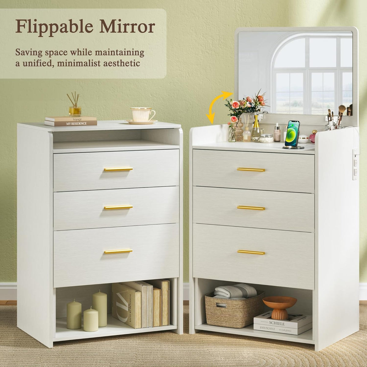 3 in 1 Vanity Desk with Flip-up Mirror, Compact Vanity with 2 Fabric Drawers & Storage Cushioned Chair, Charging Station, Girls Small Vanity Nightstand for Bedroom, White