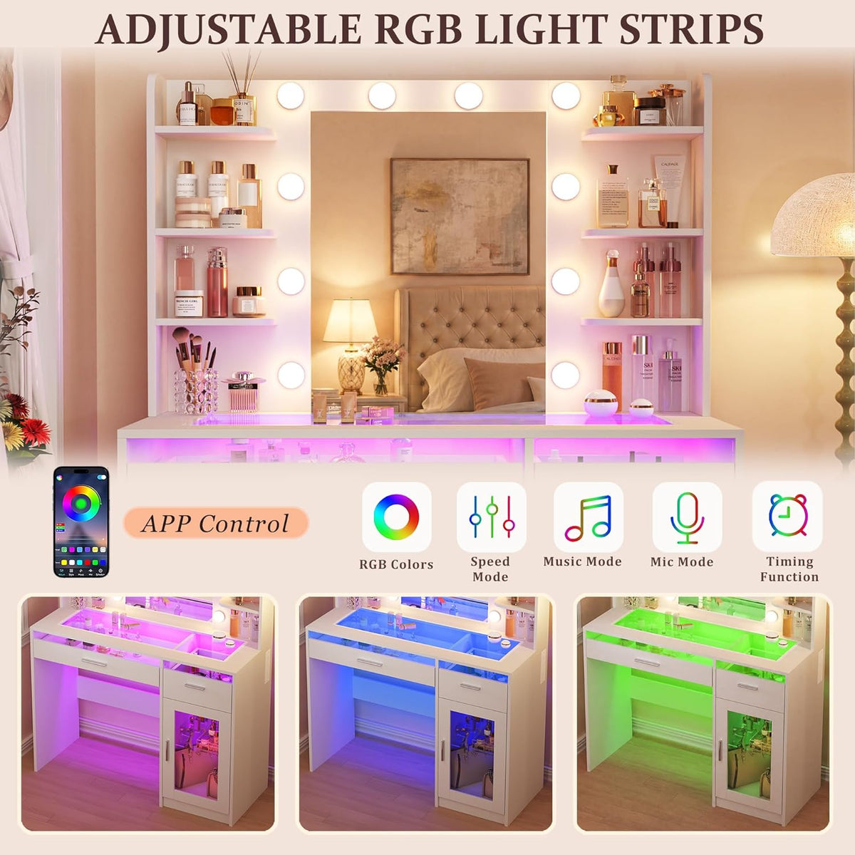 Vanity Desk with Mirror and Lights, Makeup Vanity Desk with Lights 3 Colors, Transparent Top Vanity with 2 RGB Drawers, 6 Shelves, Large Tempered Cabinet, Power Outlet, for Bedroom, White