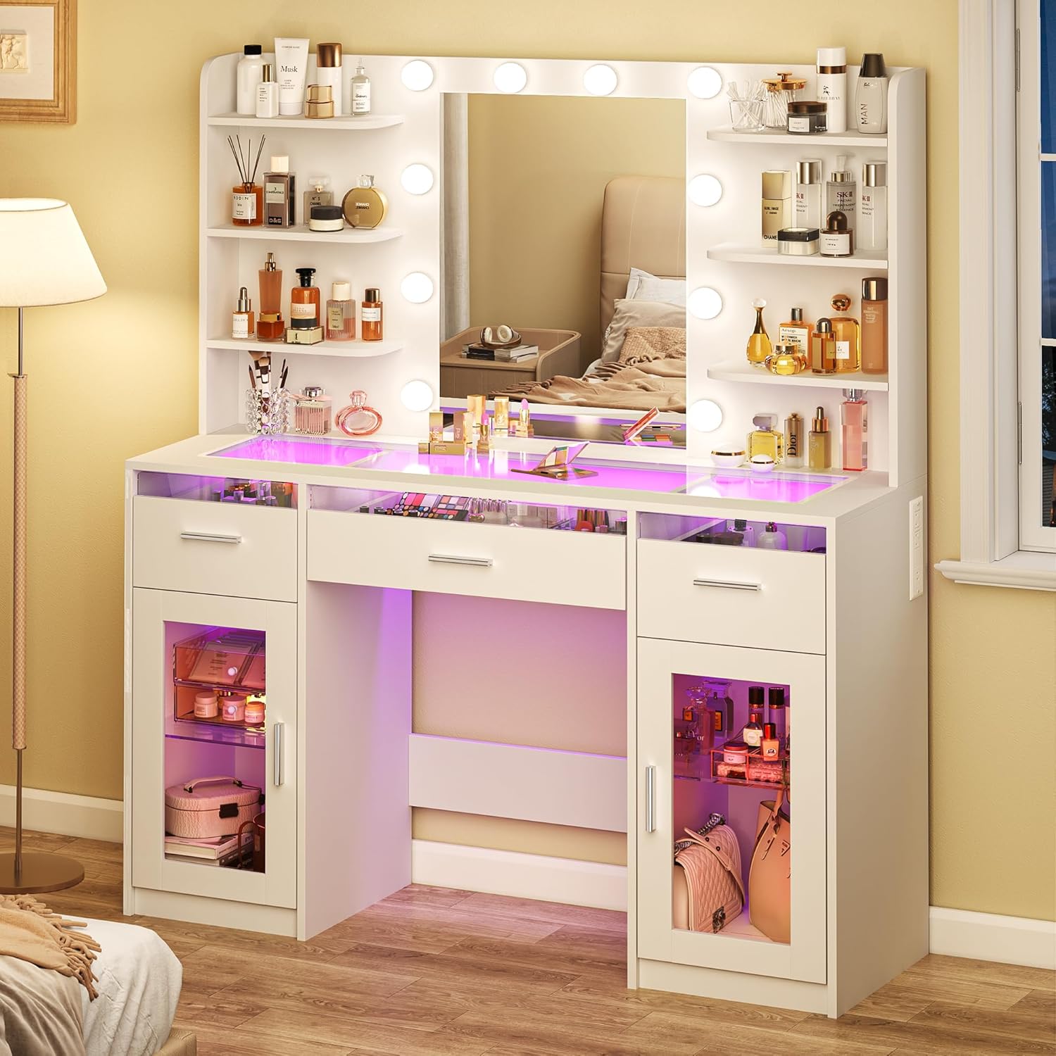 Fixwal Vanity Desk, Makeup Vanity Desk with Mirror and Lights 3 Colors