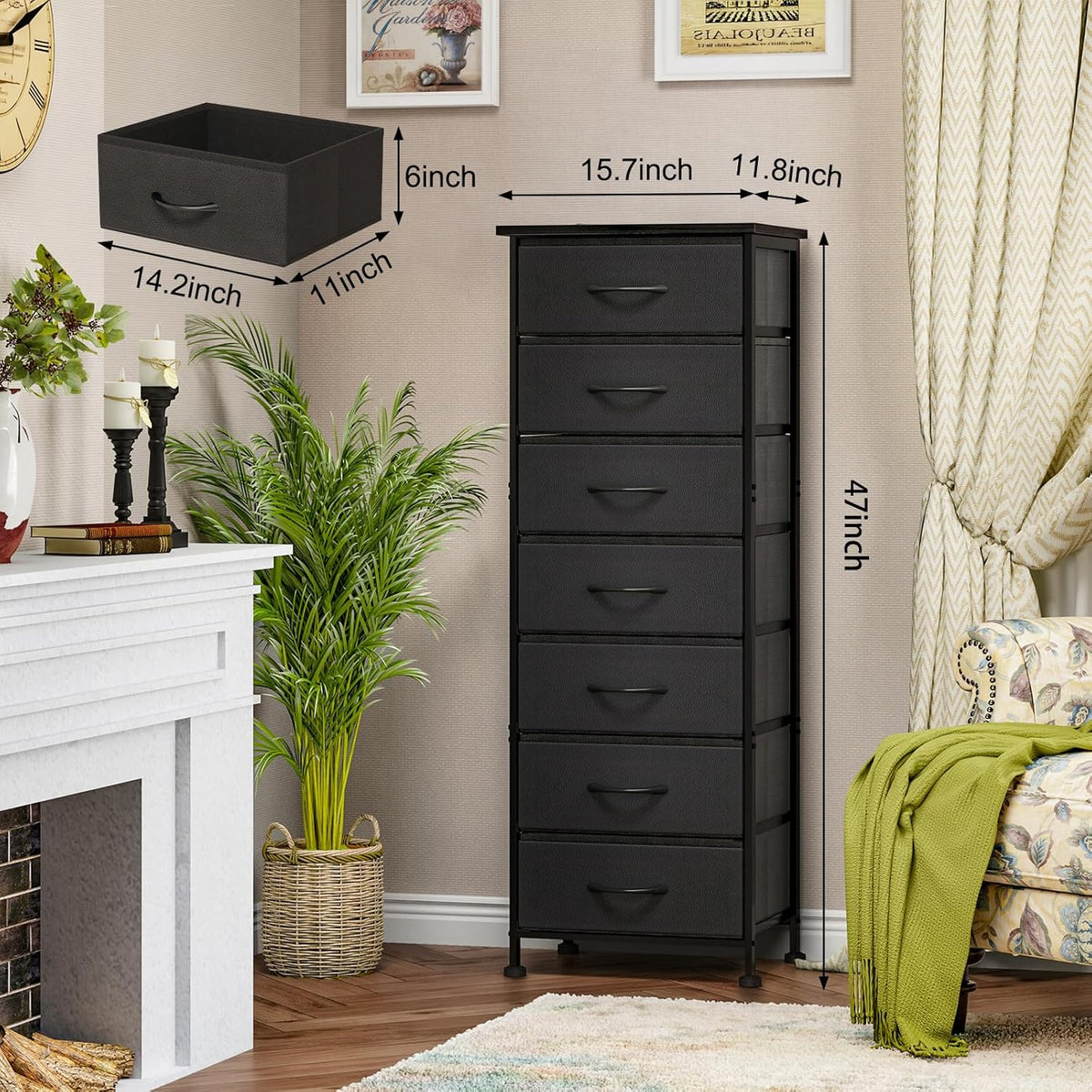 Fixwal Black Tall Skinny Dresser for Bedroom, Narrow Storage Dresser Organizer with 7 Fabric Drawers, Nightstand Furniture in Closet, Entryway, Hallway