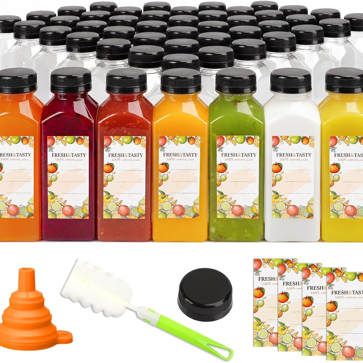100pcs Juice Bottles, 12oz Plastic Bottles with Caps, Reusable Juice Bottles with Caps Clear Bulk Beverage Containers with Lids, Label, Funnel and Brush for Juicing, Milk, Smoothie and Beverages