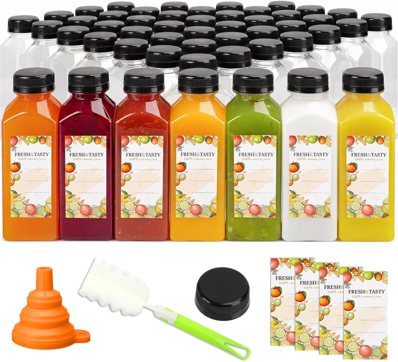 100pcs Juice Bottles, 12oz Plastic Bottles with Caps, Reusable Juice Bottles with Caps Clear Bulk Beverage Containers with Lids, Label, Funnel and Brush for Juicing, Milk, Smoothie and Beverages