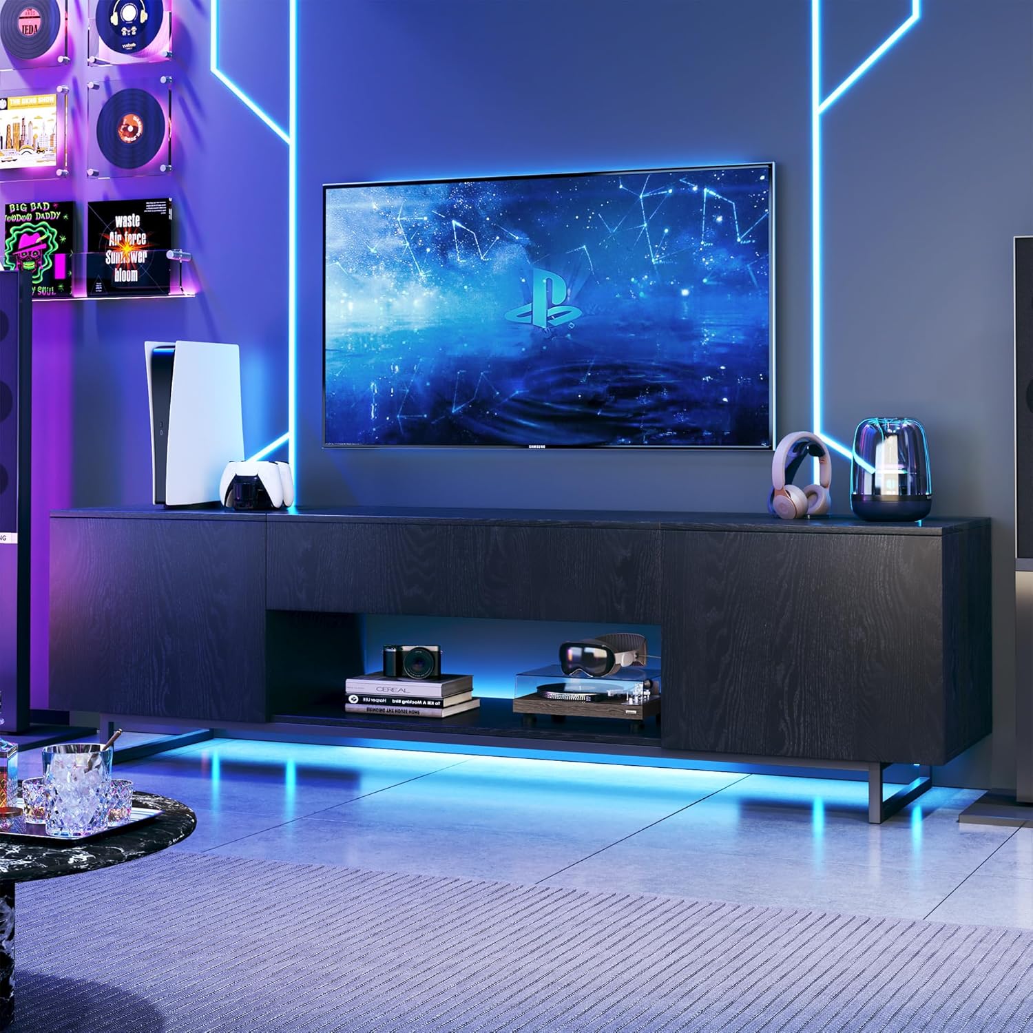 TV Stand for 75 inch TV, Entertainment Center with LED Light, Modern Wood TV Console with Texture Entertainment Stand with Highlight Storage Cabinet for TVs Up to 70-80" Black
