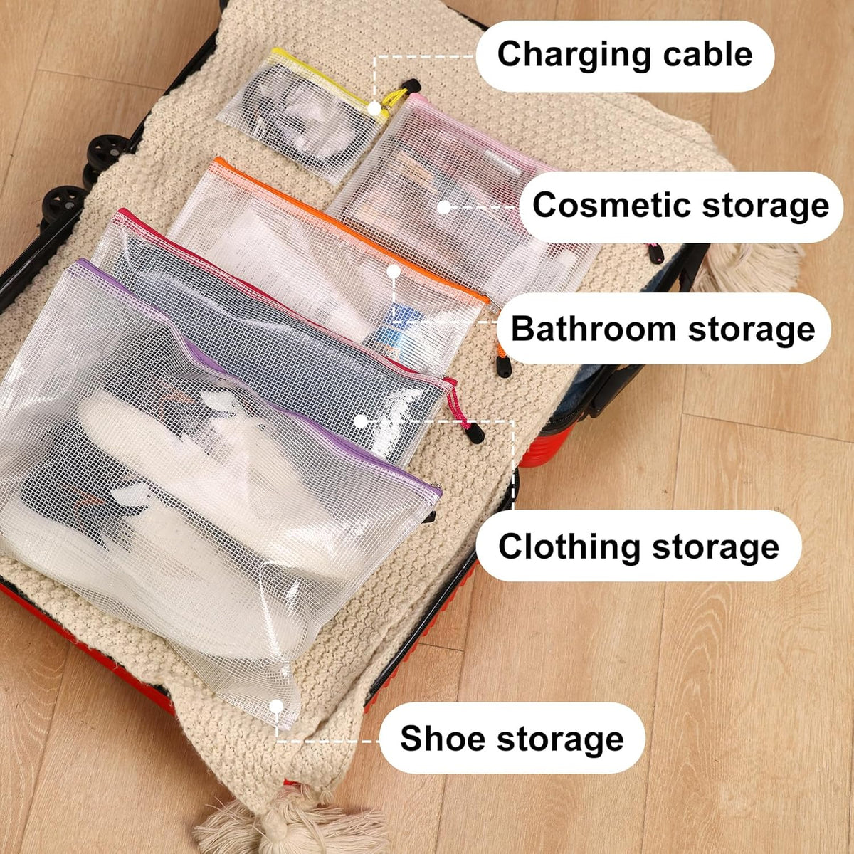 64pcs Mesh Zipper Pouch Bags, 8 Sizes Plastic Bags, 15 Colors Waterproof Pouches with Slide Fastener for Organization, Multipurpose for Travel, School Supplies, Office and Home Organization