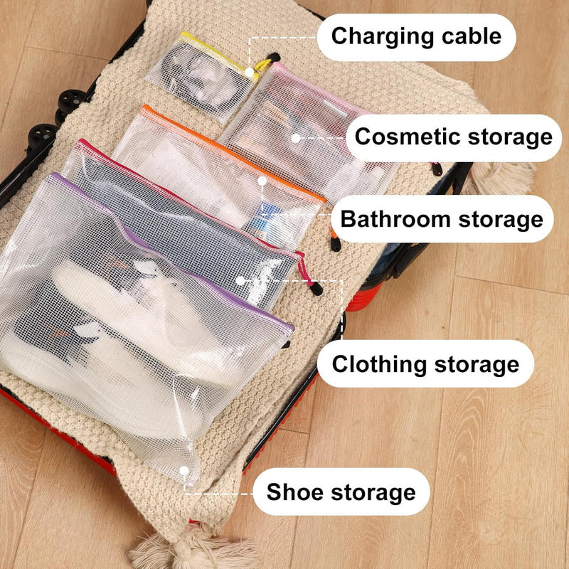 64pcs Mesh Zipper Pouch Bags, 8 Sizes Plastic Bags, 15 Colors Waterproof Pouches with Slide Fastener for Organization, Multipurpose for Travel, School Supplies, Office and Home Organization