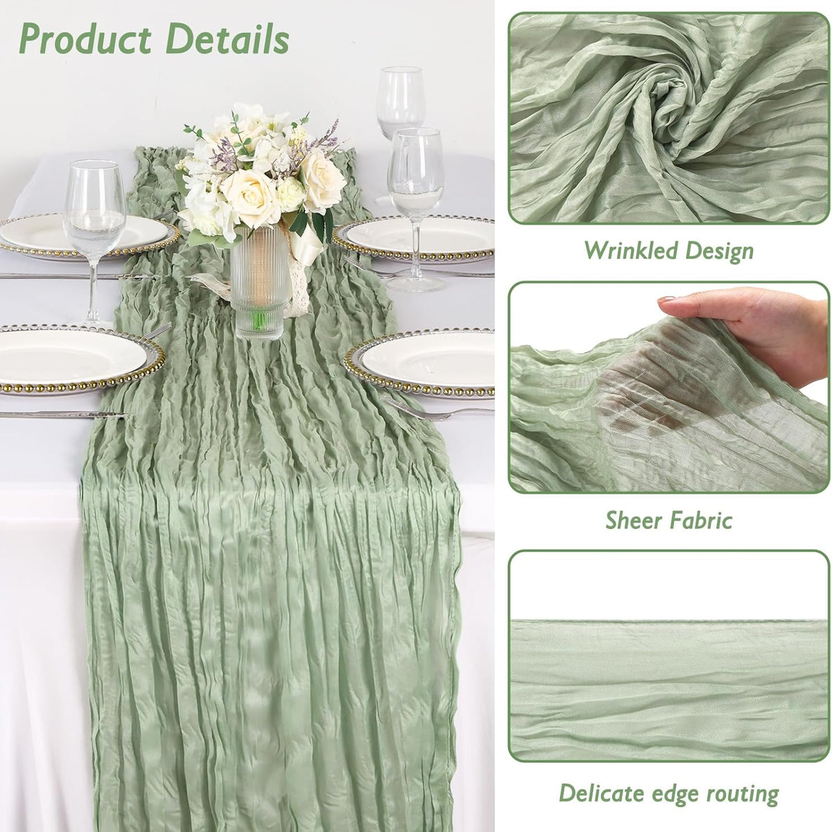 8 Pack Sage Green Cheesecloth Table Runner 120 Inch 10FT Gauze Cheese Cloth for Baby Shower, Boho Decor, Wedding Decoration, Jungle Theme Party