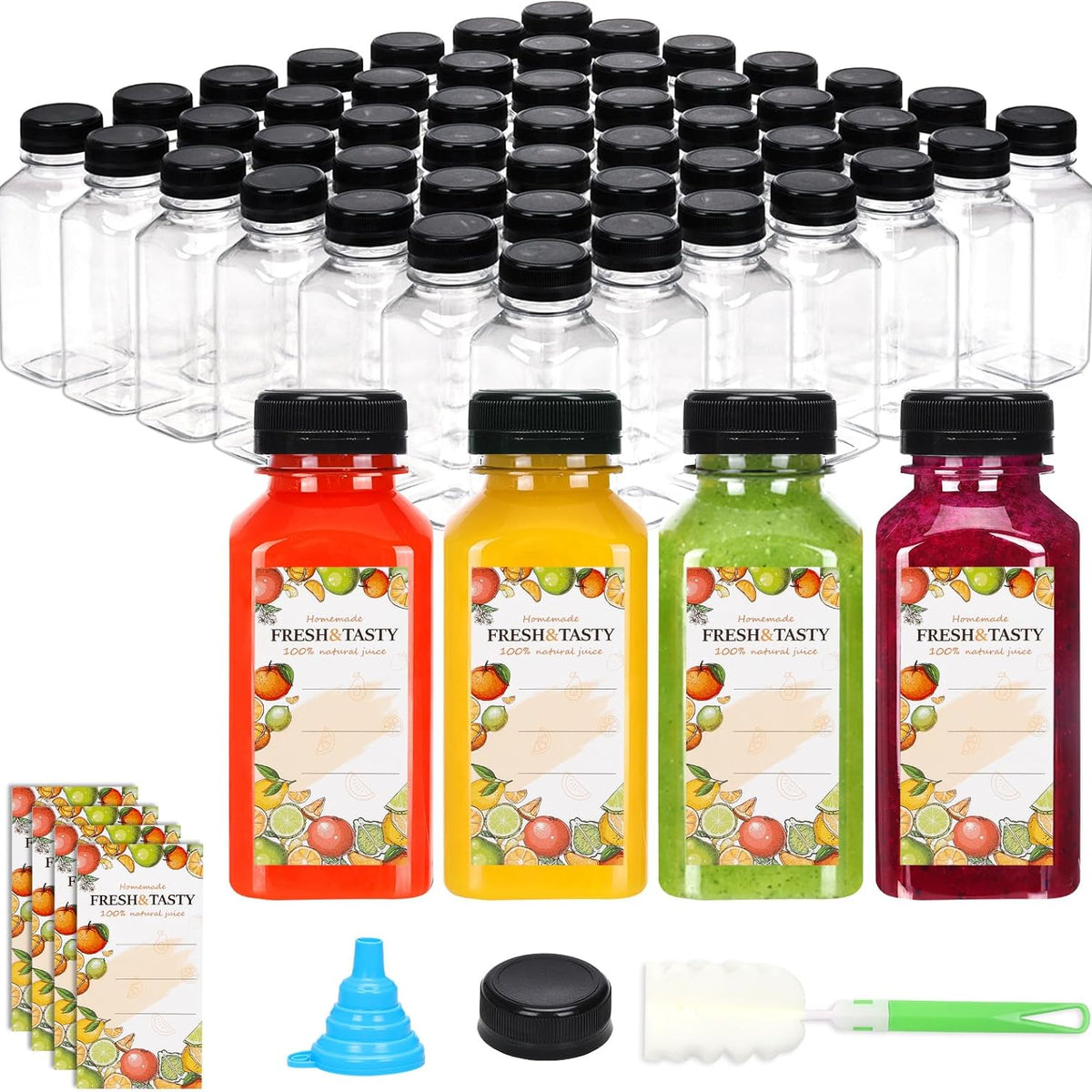 150pcs 8oz Plastic Juice Bottles with Caps Empty Reusable Clear Bottles with Label, Funnel and Brush Beverage Containers Bulk with Lids for Juicing, Smoothies, Fridge