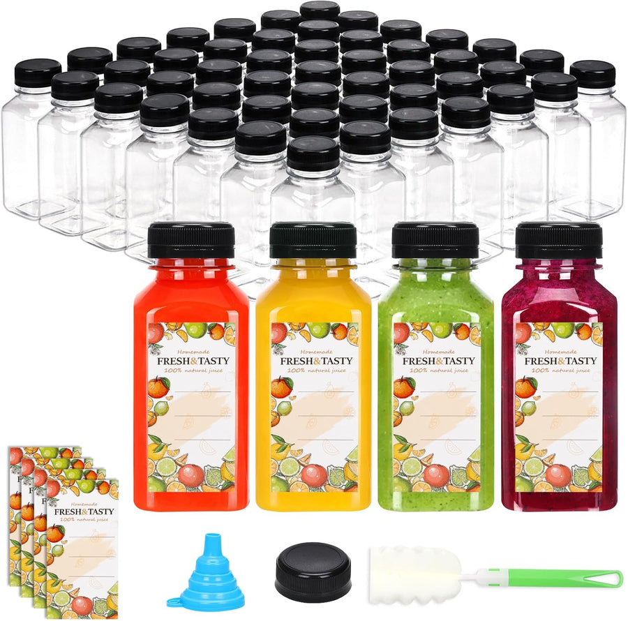 150pcs 8oz Plastic Juice Bottles with Caps Empty Reusable Clear Bottles with Label, Funnel and Brush Beverage Containers Bulk with Lids for Juicing, Smoothies, Fridge