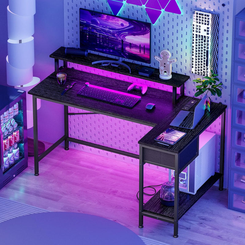 Fixwal Gaming Desk for Bedroom L Shaped Small Corner Computer Desk with Power Outlets and LED Lights, PC Desk, Home Office Desks with Drawer, Writing Desk Study Desk, Black