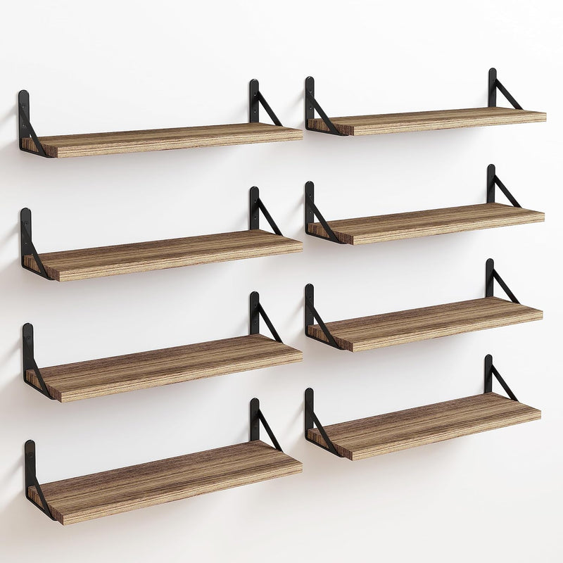 Fixwal Shelves for Room Wall, Width 4.75in Rustic Wood Wall Storage, Floating Shelves for Bedroom, Living Room, Kitchen, Bathroom, Office Decor and Plants Display (Set of 8 Carbonized Black)