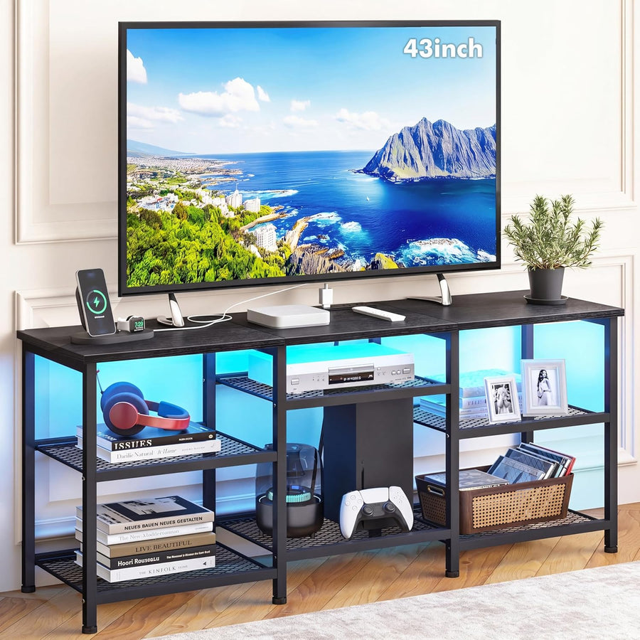Entertainment Center for TVs Up to 50 Inch, Entertainment Stand with Power Outlet and LED Lights Open Storage Shelves, TV Console Table for Living Room and Bedroom, Black
