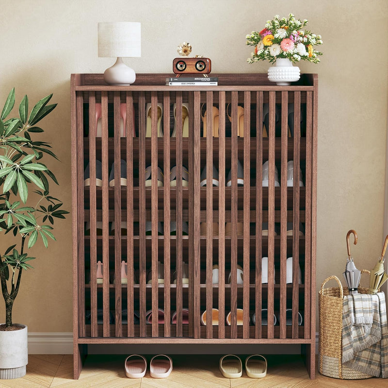 5-Tier Shoe Cabinet with Sliding Shutter Doors, Wooden Shoe Storage Cabinet with Adjustable Shelf, Modern Freestanding Shoe Organizer Cabinet for Entryway, Hallway