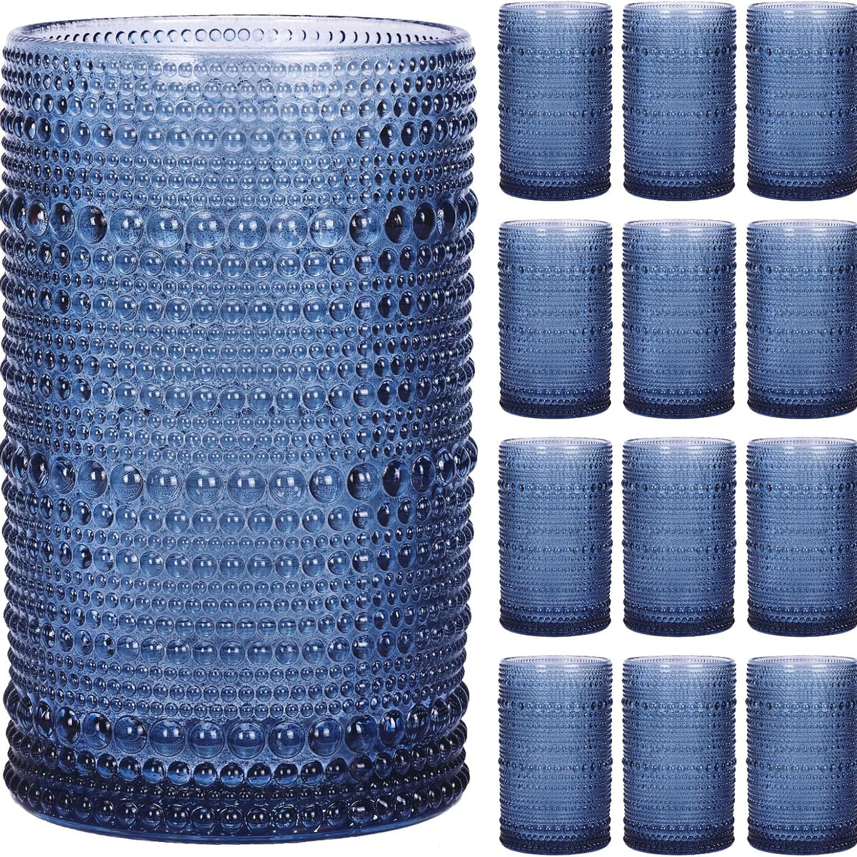 Moretoes Hobnail Drinking Glasses Set of 12,12 Oz Highball Glasses Embossed Boho Water Glass Cups Kitchen Bar Tumbler Glassware Set for Whiskey, Beer
