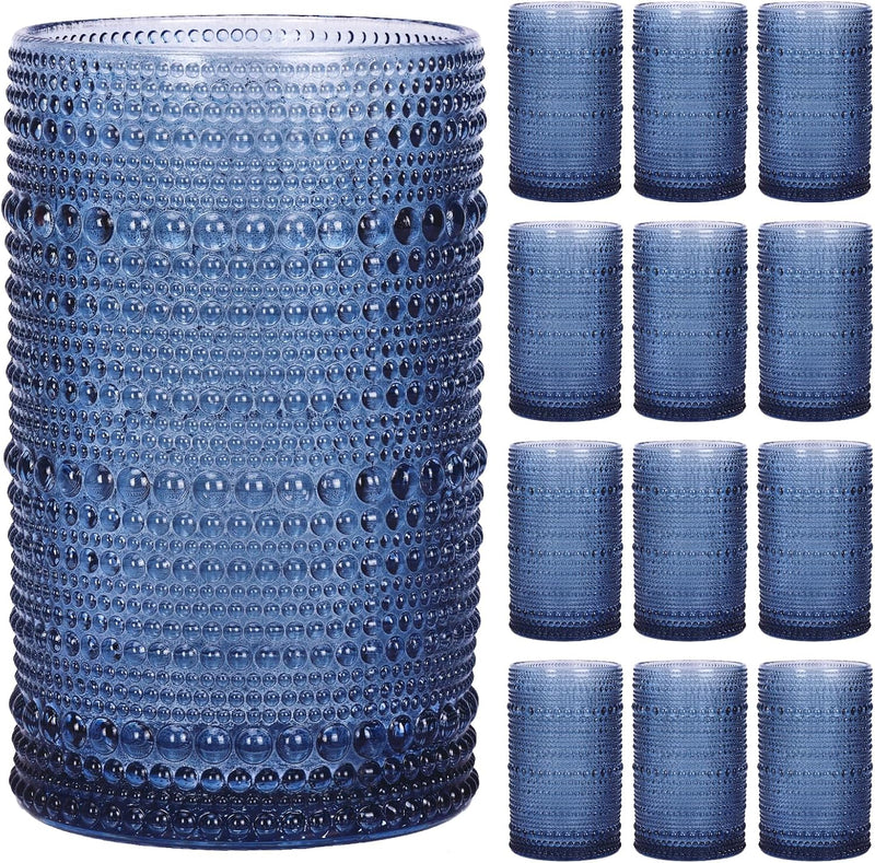 Moretoes Hobnail Drinking Glasses Set of 12,12 Oz Highball Glasses Embossed Boho Water Glass Cups Kitchen Bar Tumbler Glassware Set for Whiskey, Beer