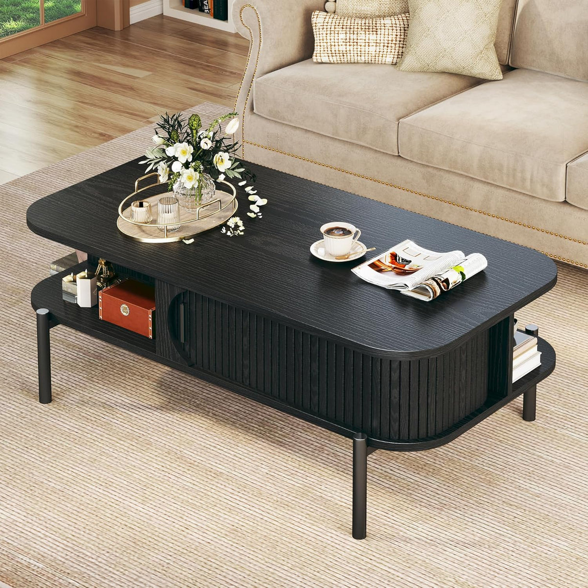 Coffee Table, 39.4" Mid Century Modern Coffee Tables for Living Room, Coffee Table with Storage Open Shelf, Fluted Table with Sliding Cabinet Door, 2-Tier Rustic Wood Desktop, Black