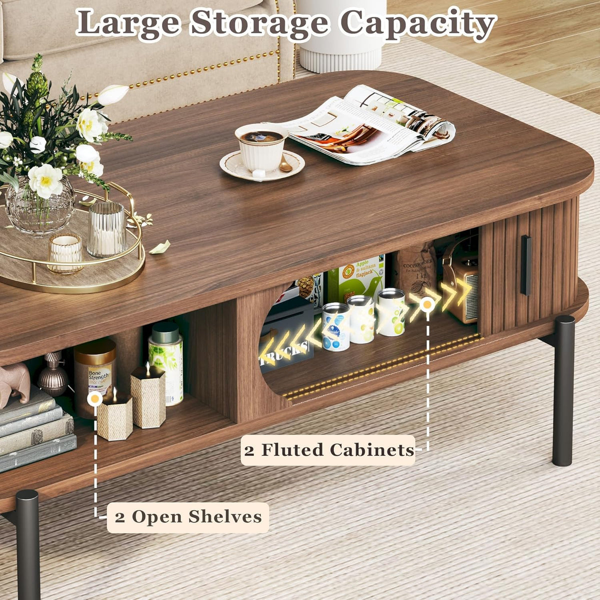 Coffee Table, 39.4" Fluted Coffee Table for Living Room, Mid Century Modern Table with Sliding Cabinet Door 2-Tier Rustic Wood Desktop with Storage Open Shelf, Walnut