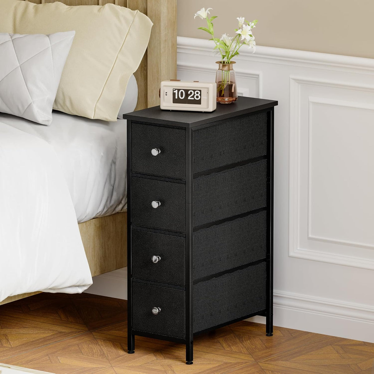 Fixwal Narrow Storage Cabinet, Small Dresser with 4 Drawers, Slim Fabric Dresser Storage for Small Spaces, Black Dresser Nightstand Side Table for Bedroom, Bathroom, Laundry, Closet, Dorm