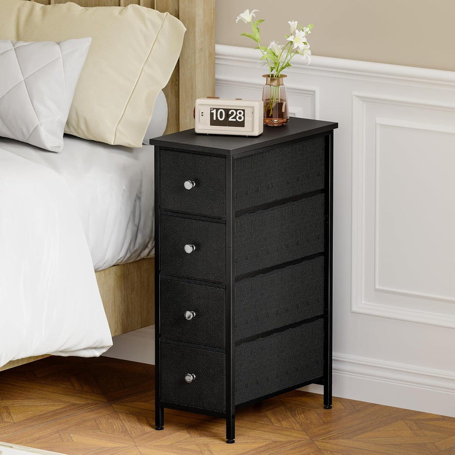 Narrow Storage Cabinet, Small Dresser with 4 Drawers, Slim Fabric Dresser Storage for Small Spaces, Black Dresser Nightstand Side Table for Bedroom, Bathroom, Laundry, Closet, Dorm