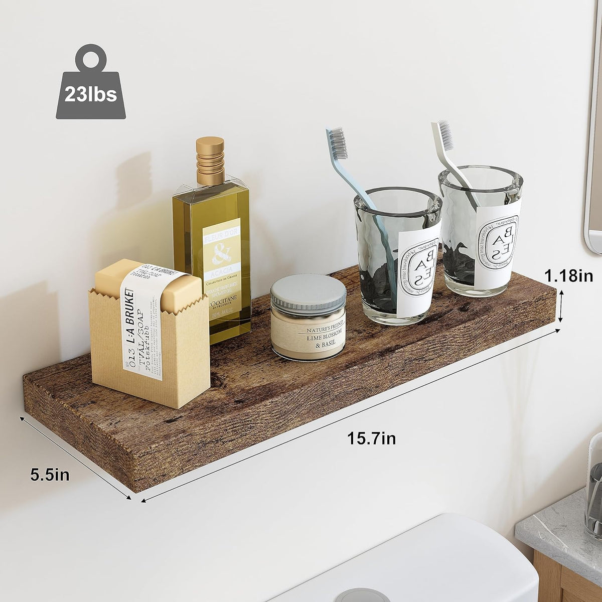 Fixwal 15.8in Floating Shelves for Wall, Rustic Brown Shelves Wall Mounted Shelf with Invisible Bracket for Bathroom, Living Room, Bedroom, Kitchen, Office Decor (5 Pack)