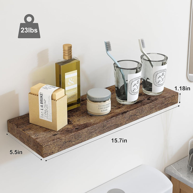 Fixwal 15.8in Floating Shelves for Wall, Rustic Brown Shelves Wall Mounted Shelf with Invisible Bracket for Bathroom, Living Room, Bedroom, Kitchen, Office Decor (5 Pack)